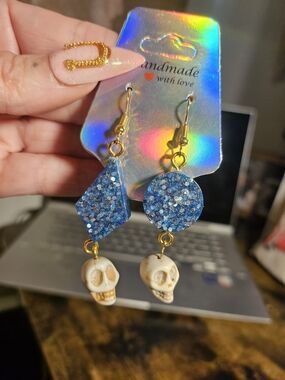 Handmade Blue Glitter Skull Drop Earrings
